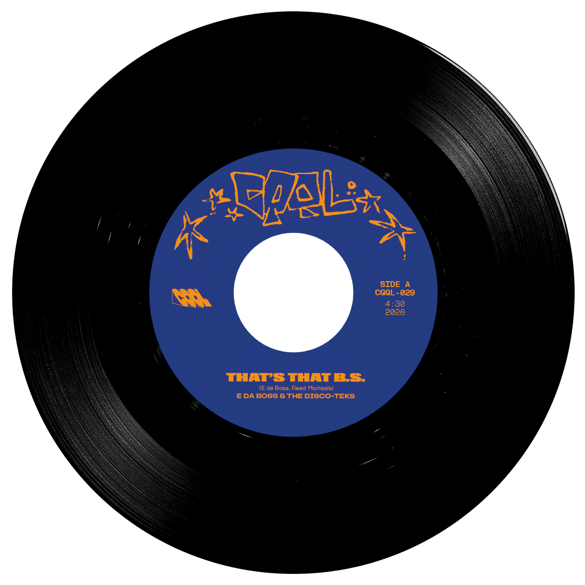 Black vinyl record with blue label on a white background
