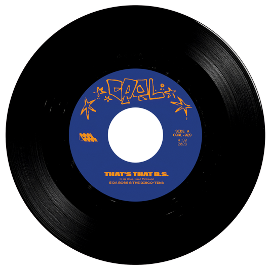 Black vinyl record with blue label on a white background
