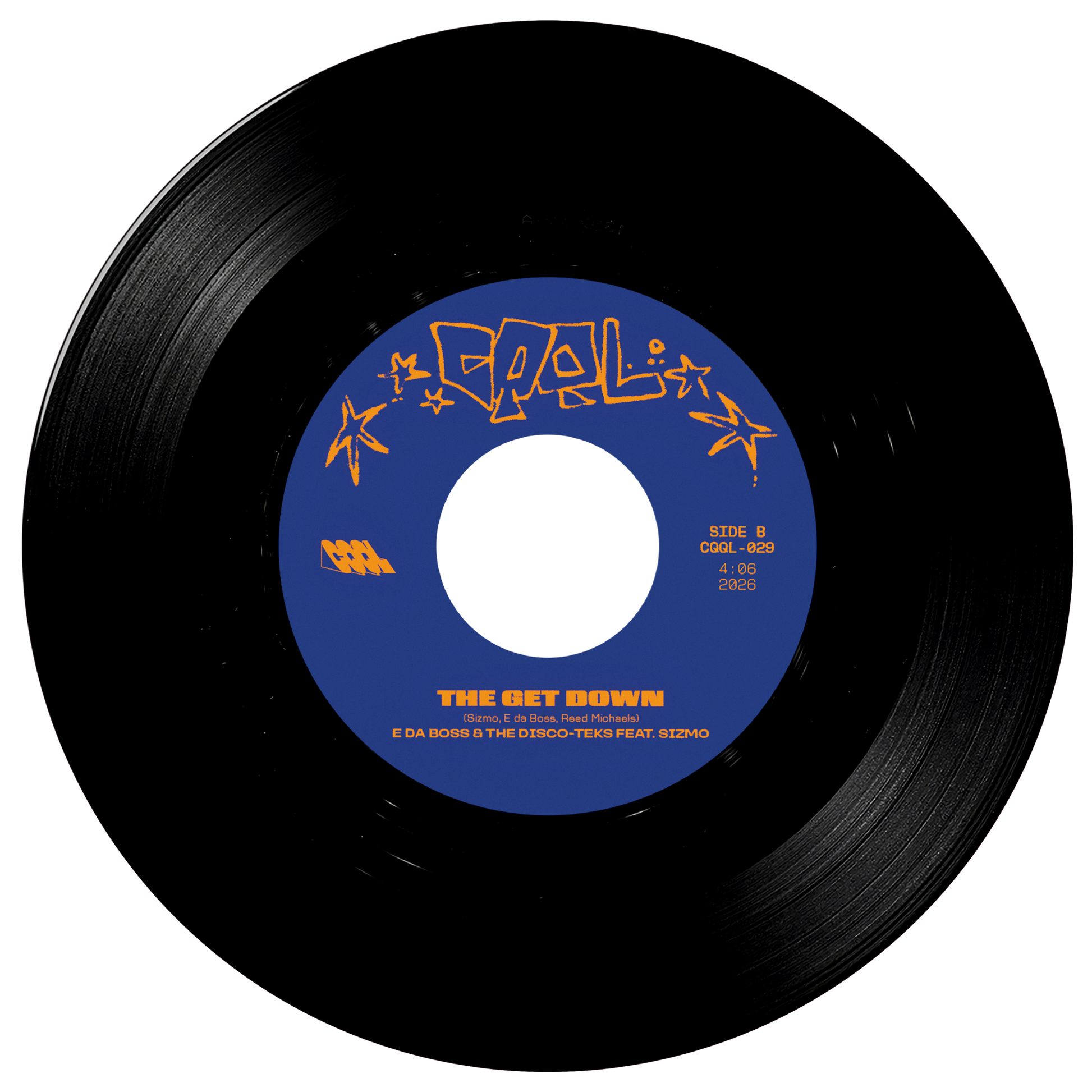 Black vinyl record with a blue label featuring text and graphics on a white background