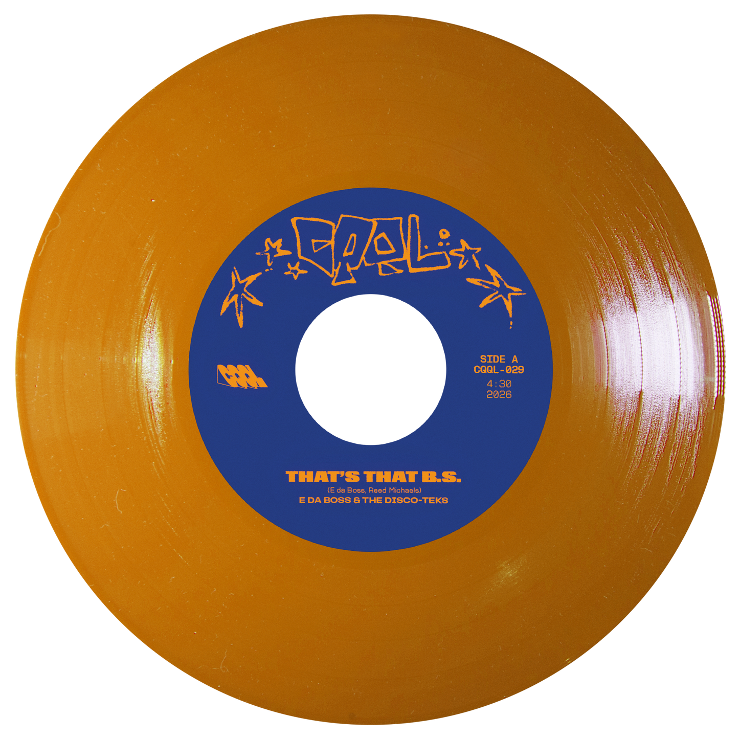 Mustard color vinyl record with blue label on a white background