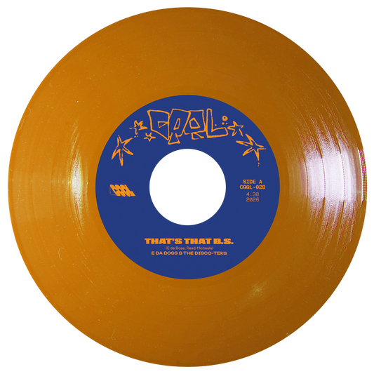 Mustard color vinyl record with blue label on a white background