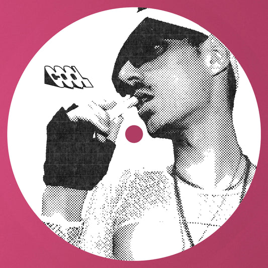 Black and white illustration of a person with on a pink background