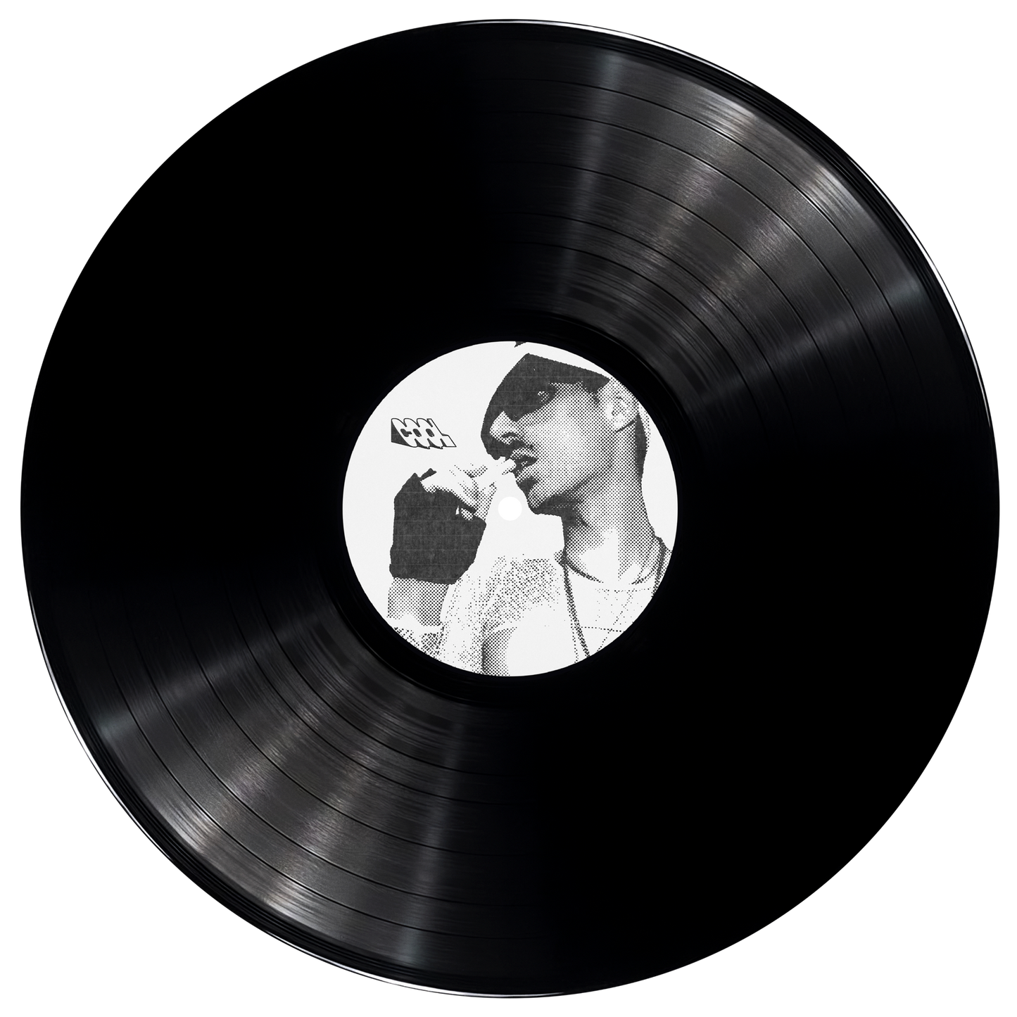 Black vinyl record with a black and white portrait in the center on a white background