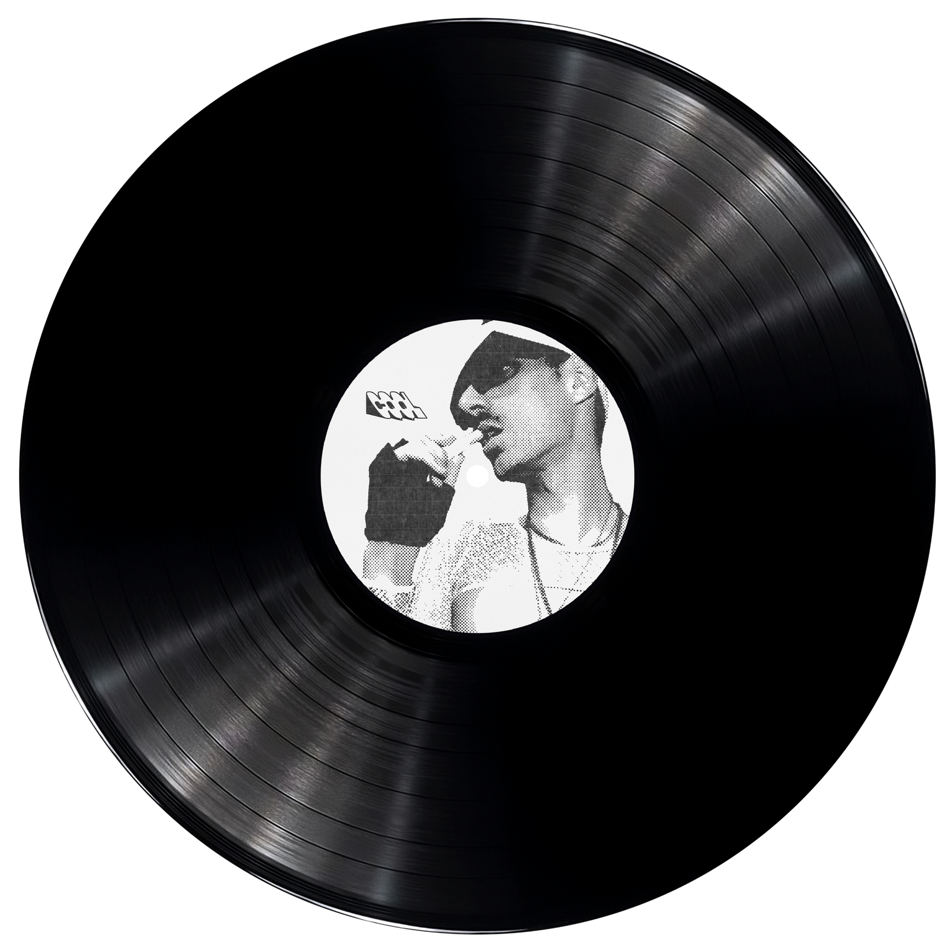 Black vinyl record with a black and white portrait in the center on a white background
