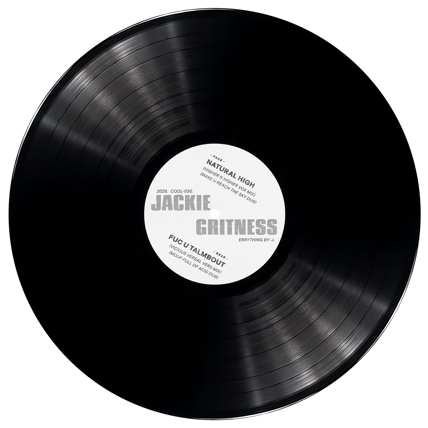 Black vinyl record with a white label on a white background