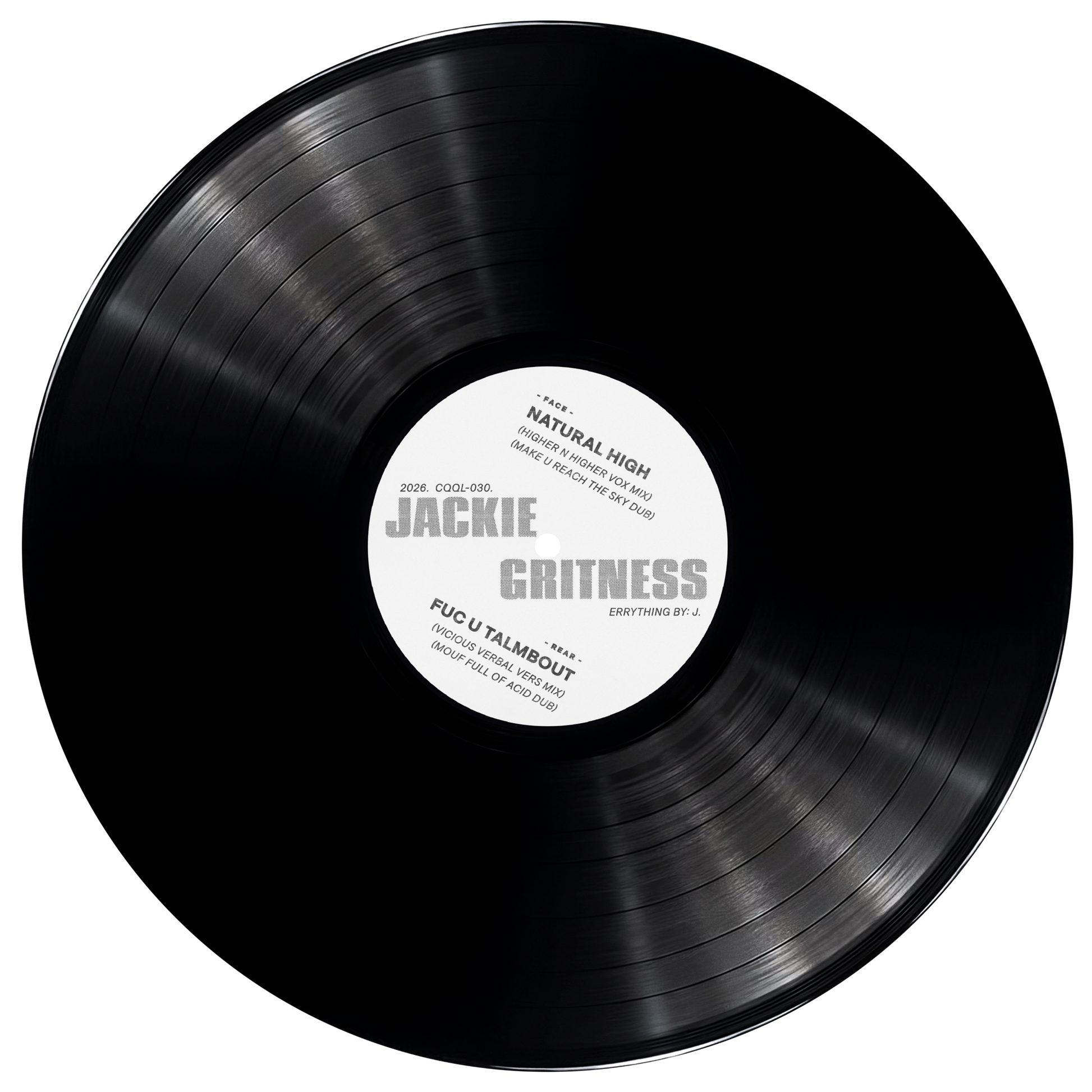 Black vinyl record with a white label on a white background