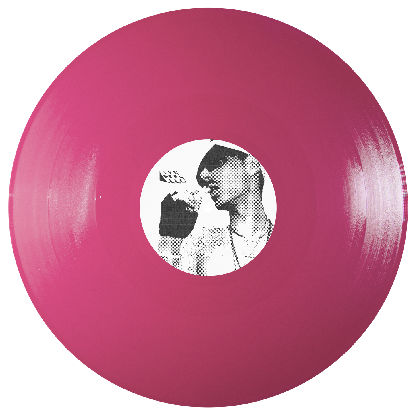 Pink vinyl record with a black and white portrait in the center on a white background