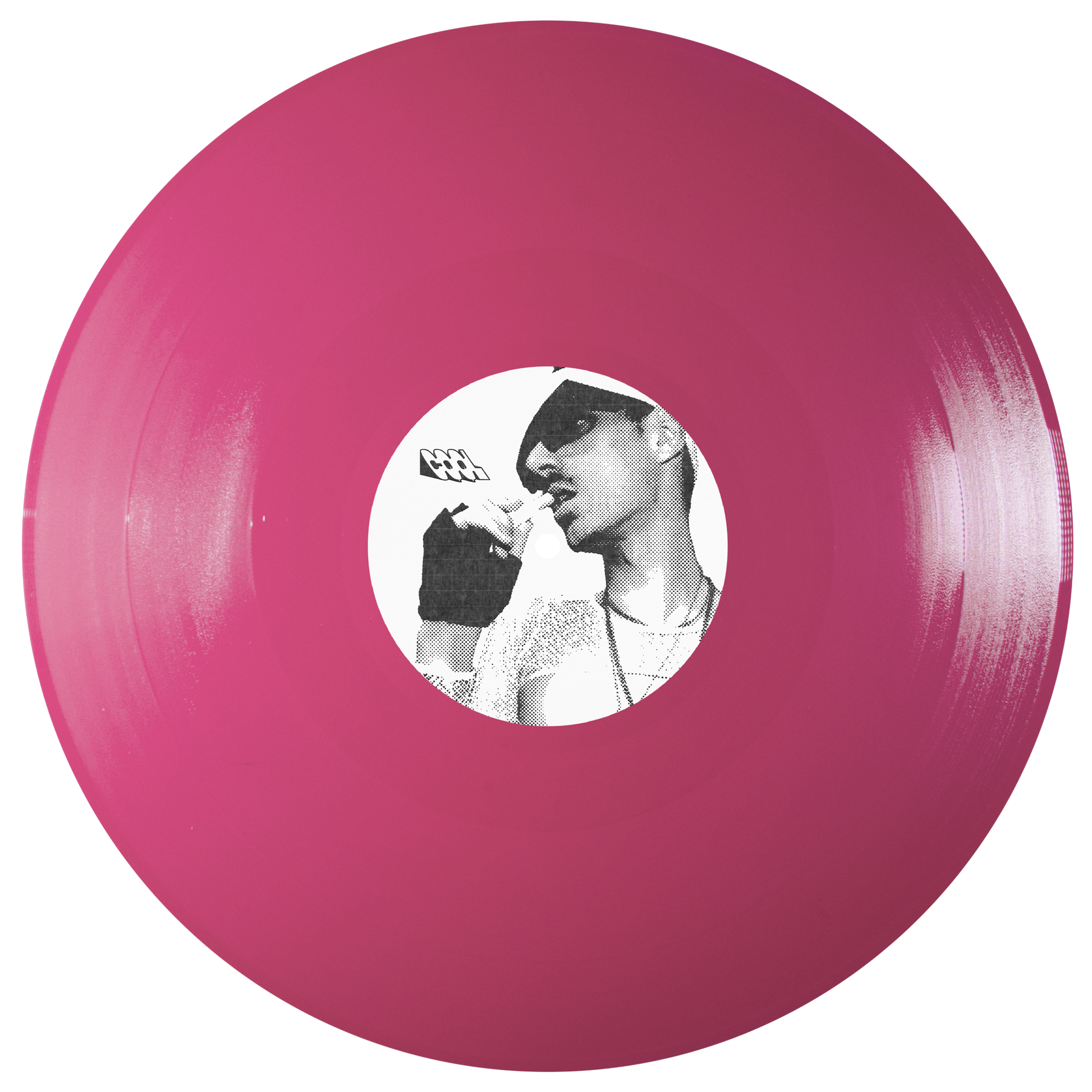 Pink vinyl record with a black and white portrait in the center on a white background