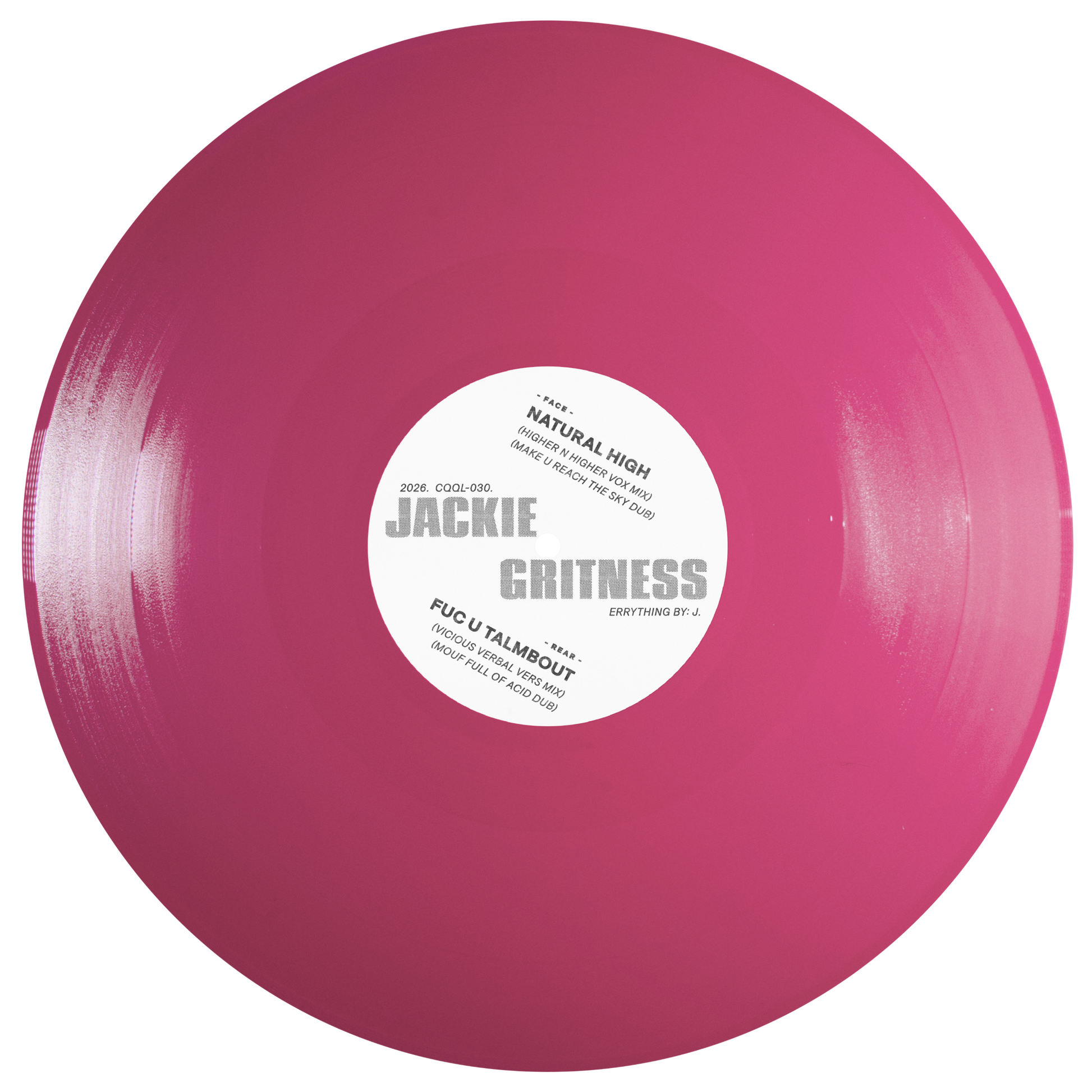 Pink vinyl record with a white label on a white background