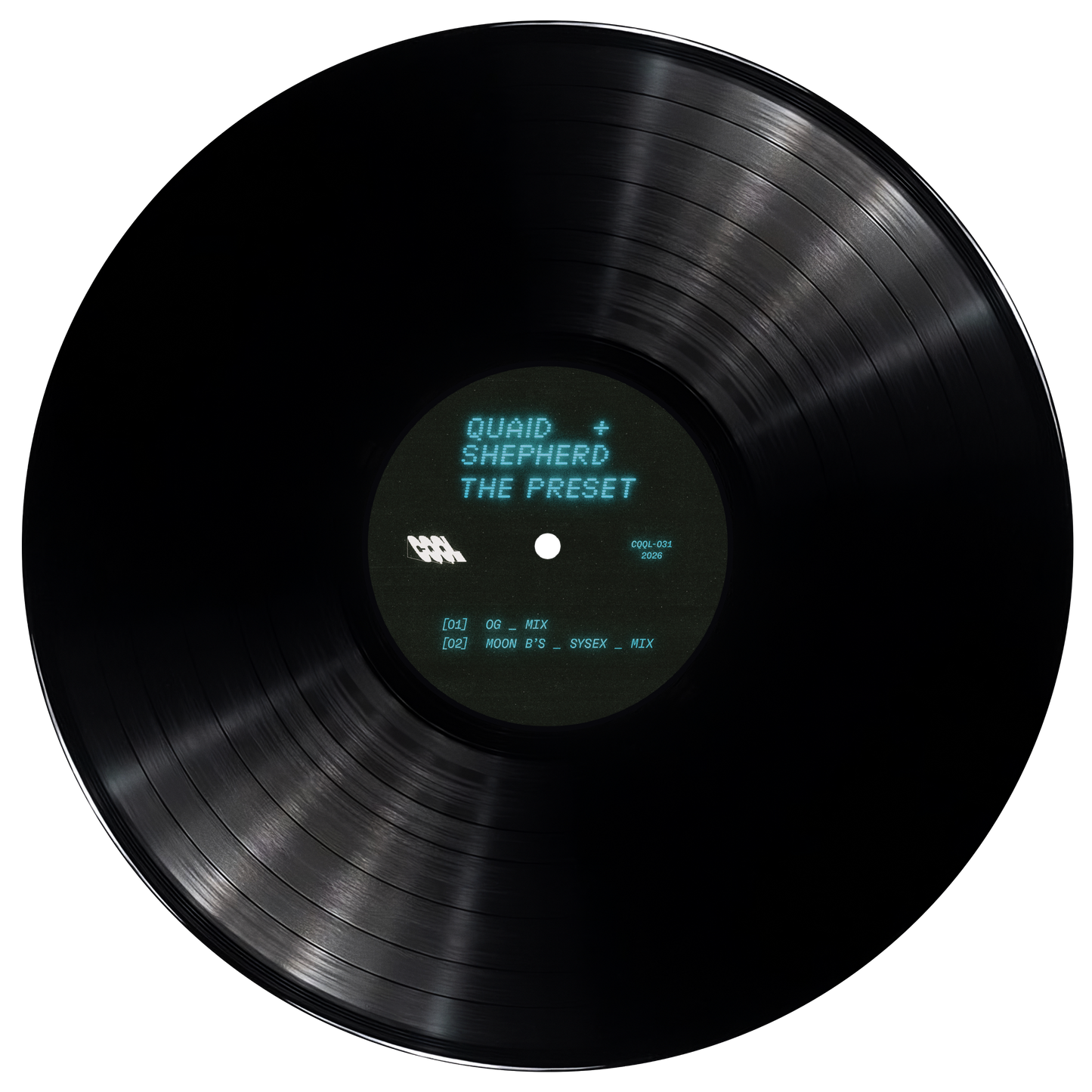 Black vinyl record with text on a white background