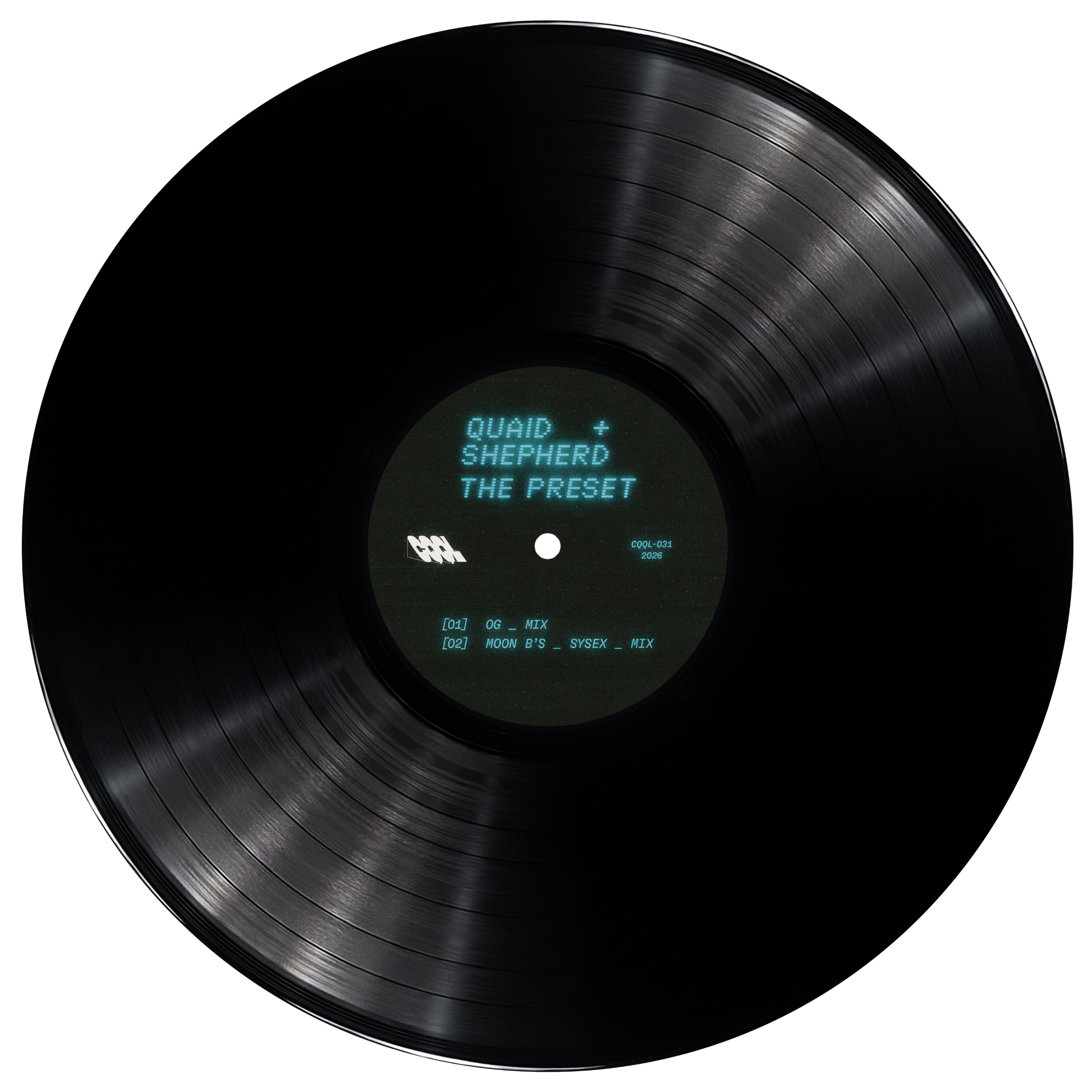 Black vinyl record with text on a white background