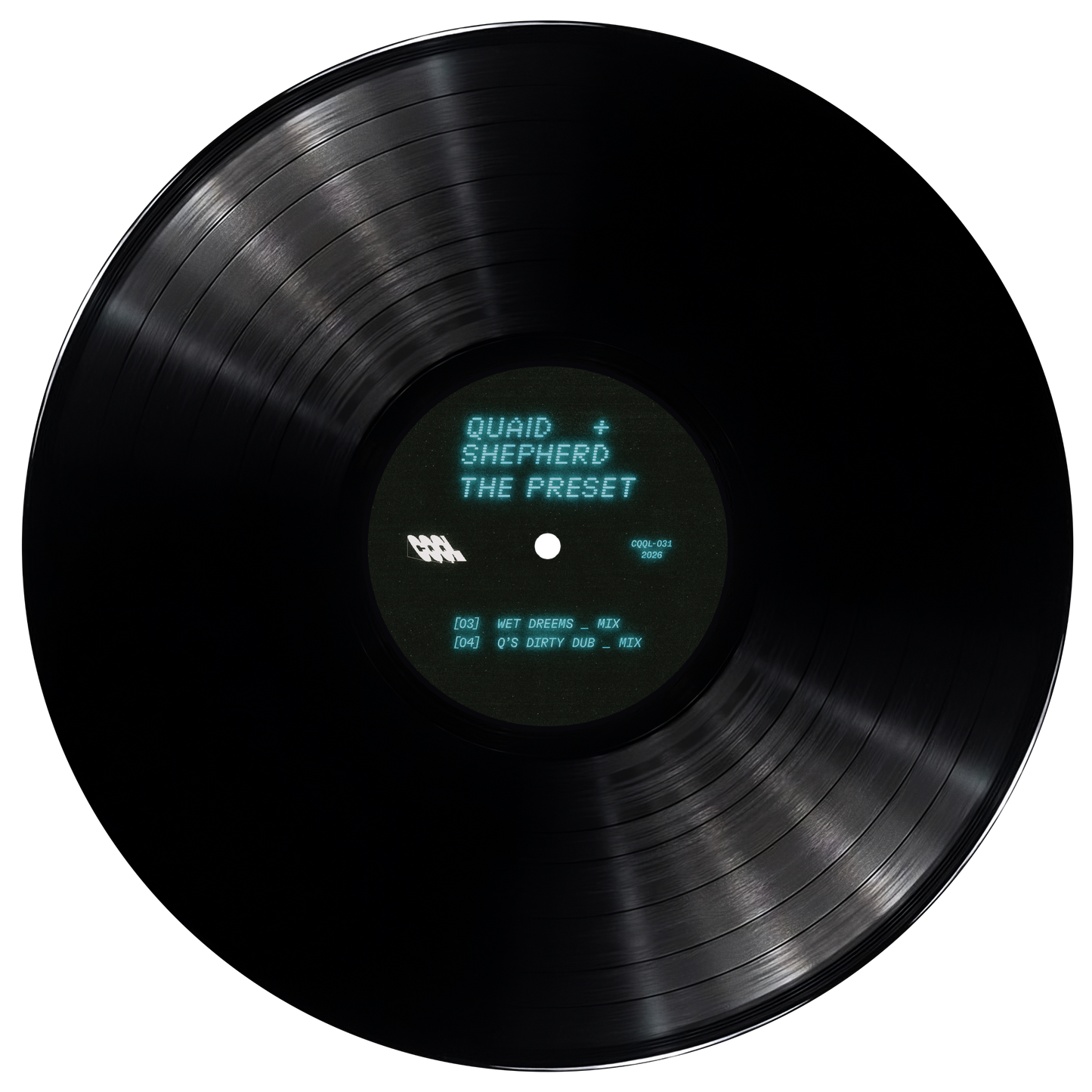 Black vinyl record with text on a white background