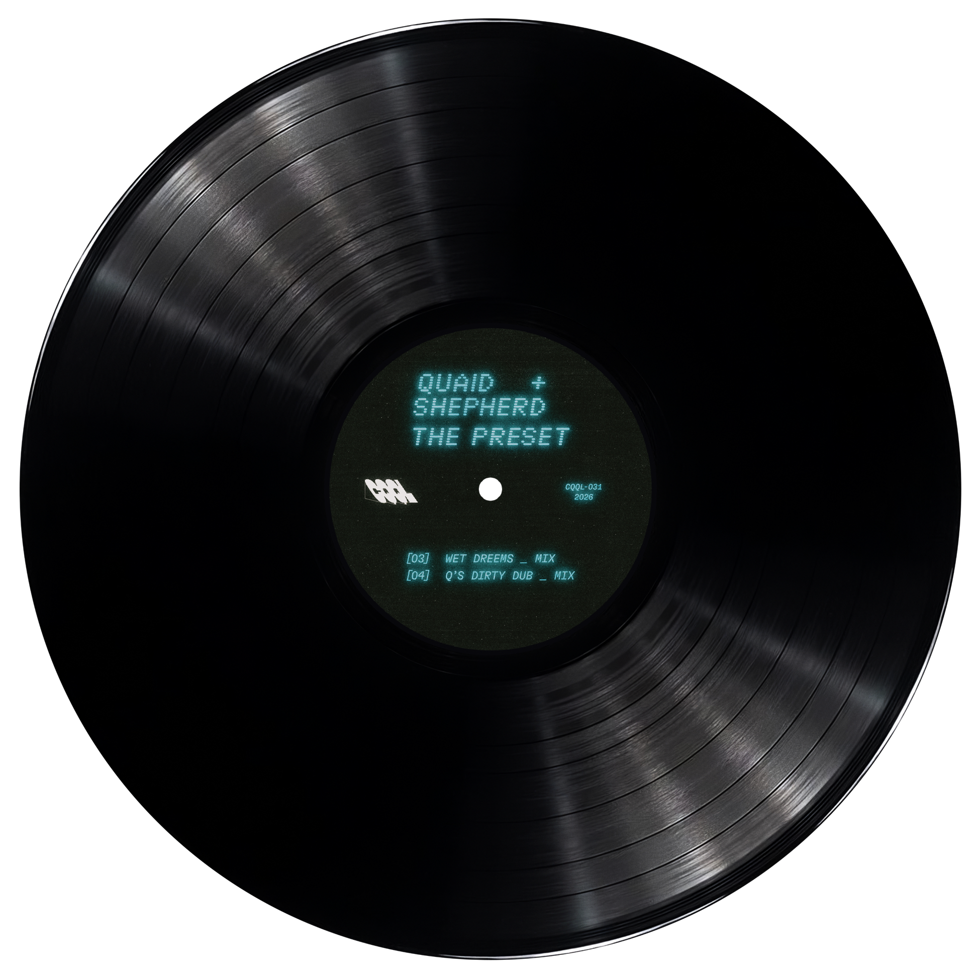 Black vinyl record with text on a white background