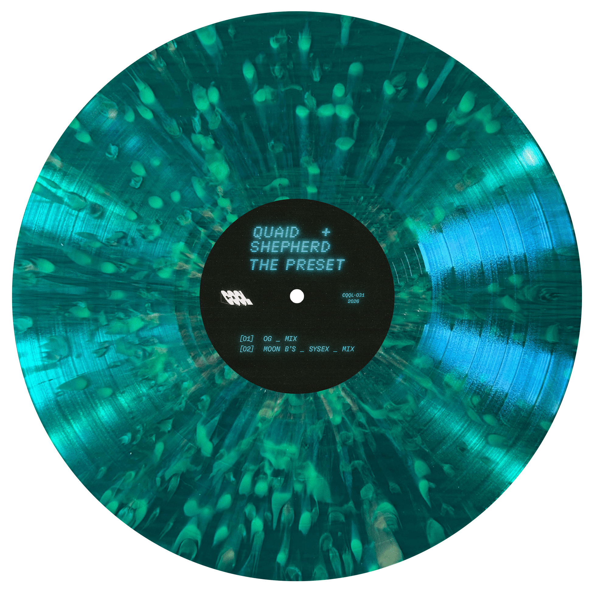 Vinyl record with a green and blue gradient and visible label on a white background