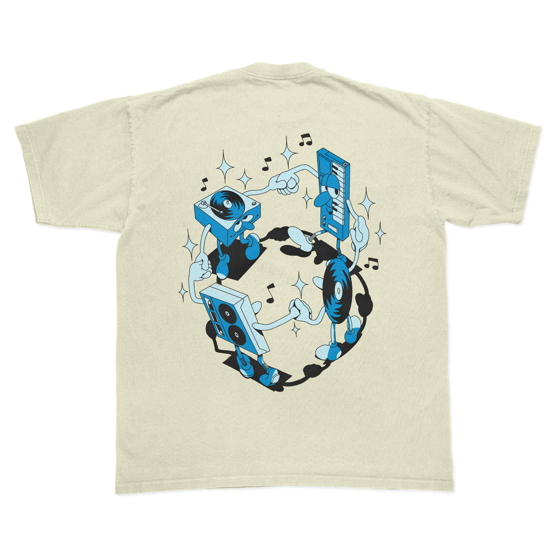 Beige t-shirt with blue and black music-themed graphic on a white background