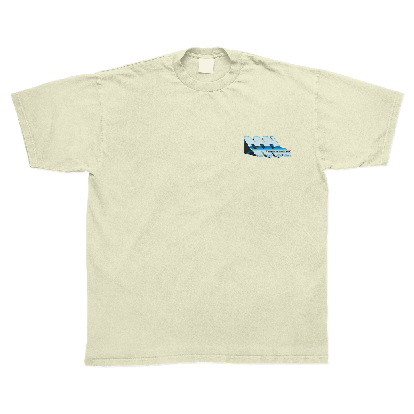 Beige t-shirt with a small CQQL Records logo graphic on the chest against a white background