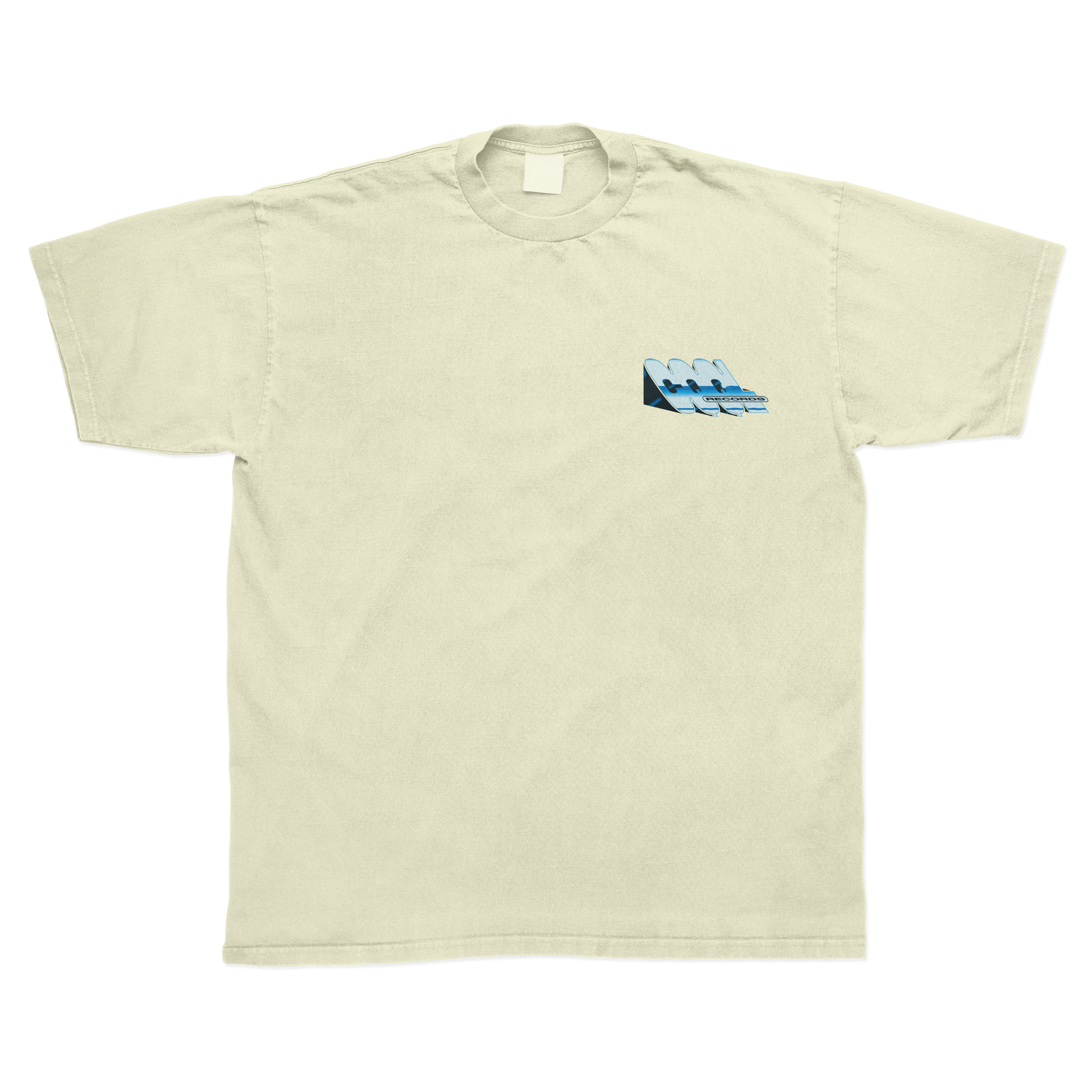 Beige t-shirt with a small CQQL Records logo graphic on the chest against a white background