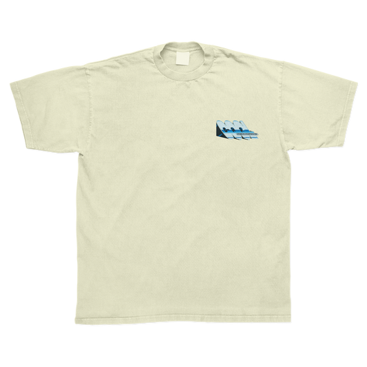Beige t-shirt with a small CQQL Records logo graphic on the chest against a white background