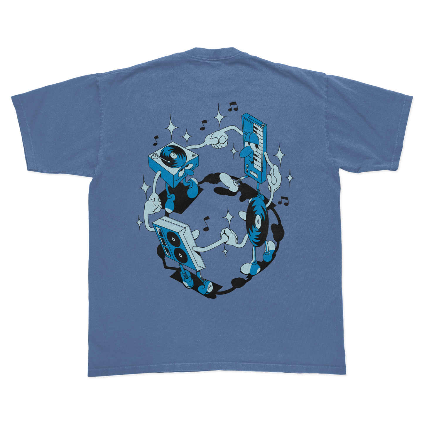 Blue t-shirt with a graphic of music-themed characters on a white background