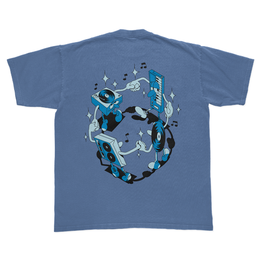 Blue t-shirt with a graphic of music-themed characters on a white background