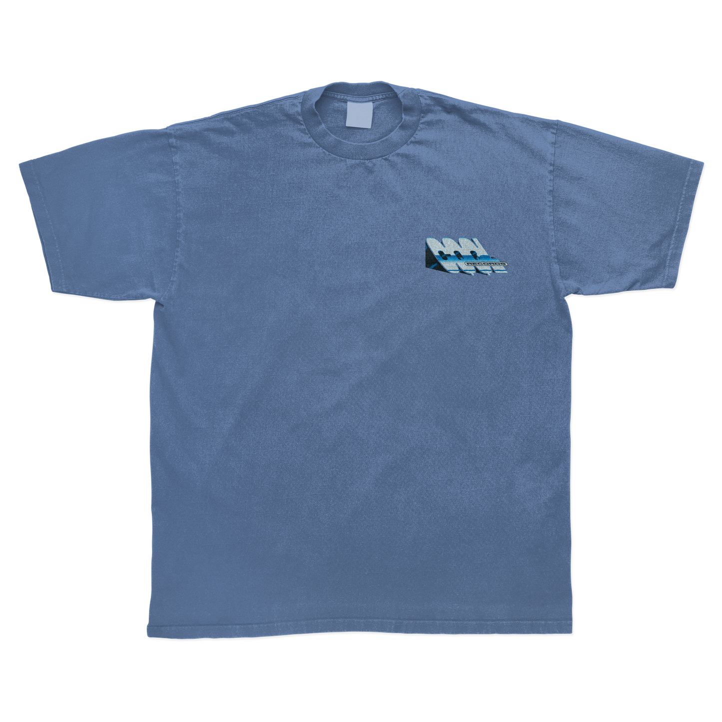 Blue t-shirt with a small CQQL Records logo graphic on the chest against a white background