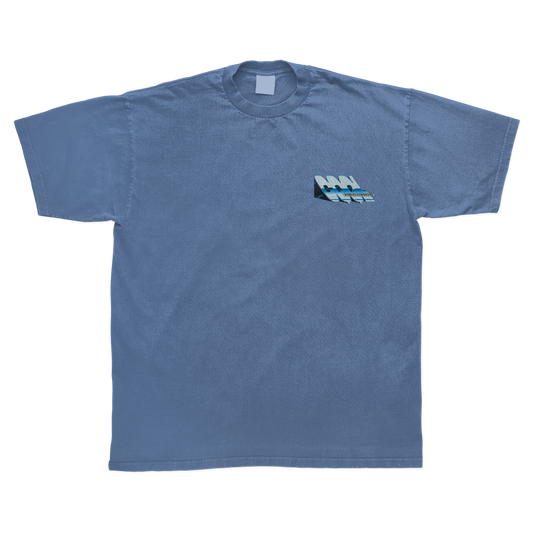 Blue t-shirt with a small CQQL Records logo graphic on the chest against a white background