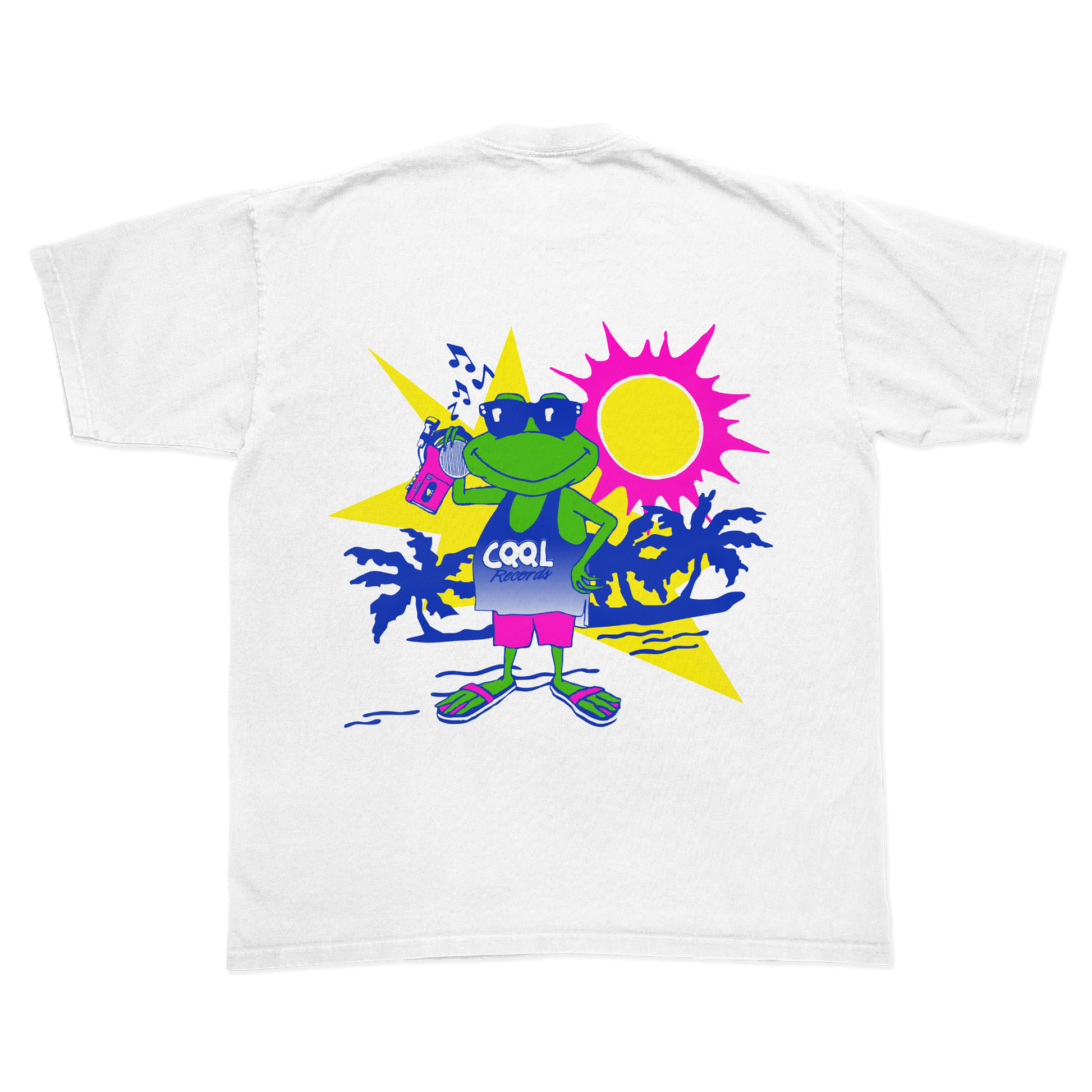 White t-shirt with a colorful graphic of a frog, palm trees, and a sun on a white background