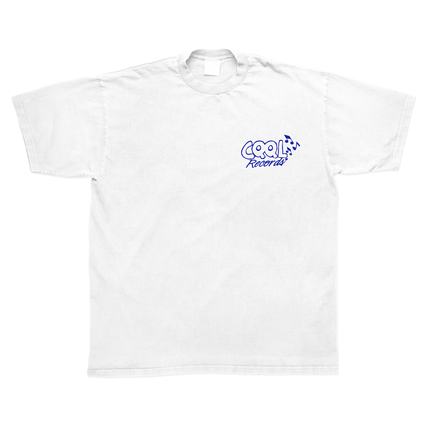 White t-shirt with 'CQQL Records' text on a white background