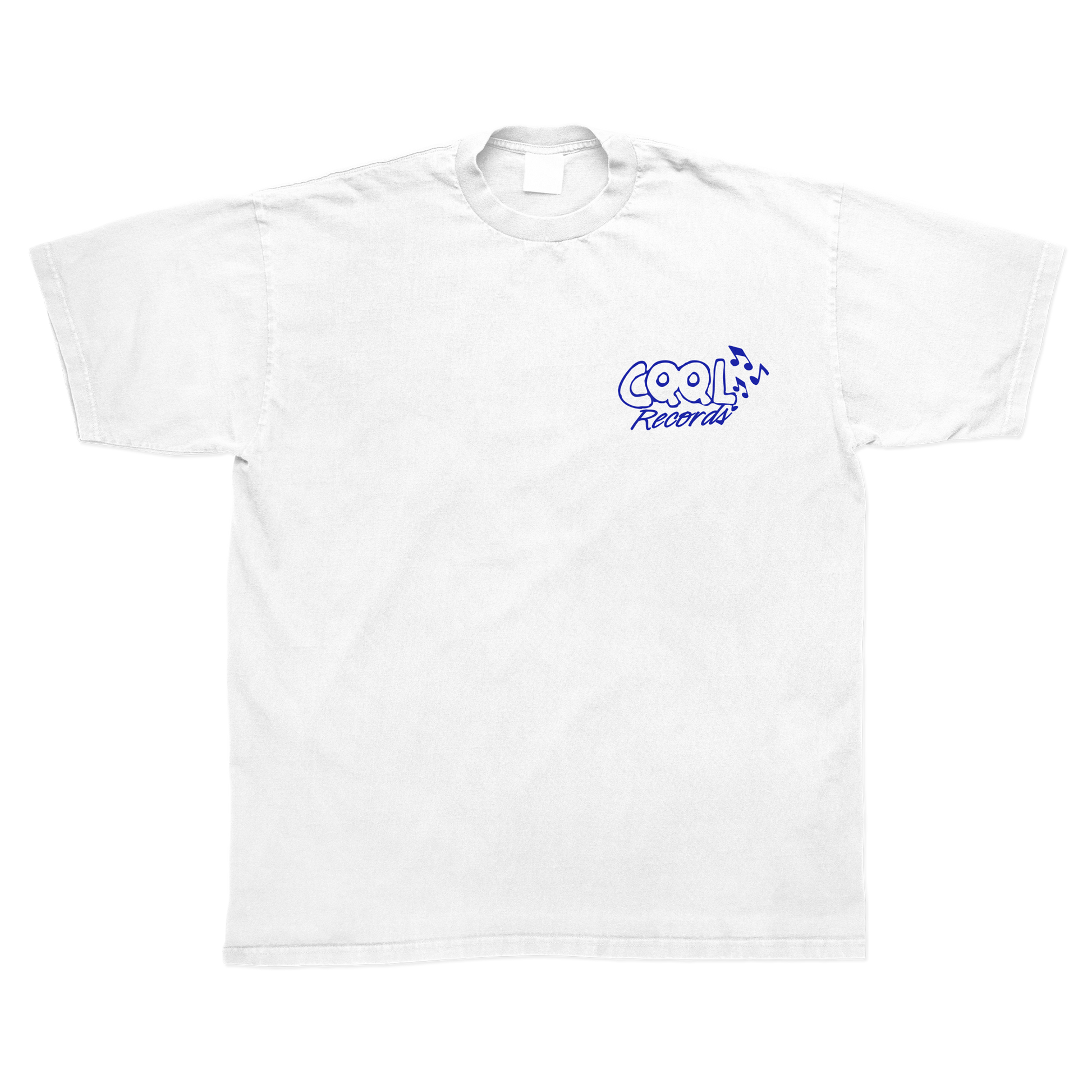 White t-shirt with 'CQQL Records' text on a white background