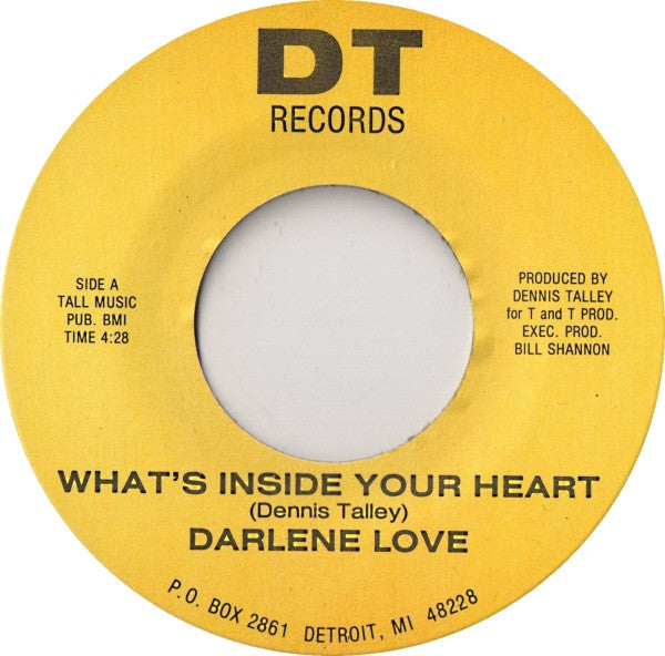 Yellow record label for Darlene Love's 'What's Inside Your Heart' with DT Records branding.