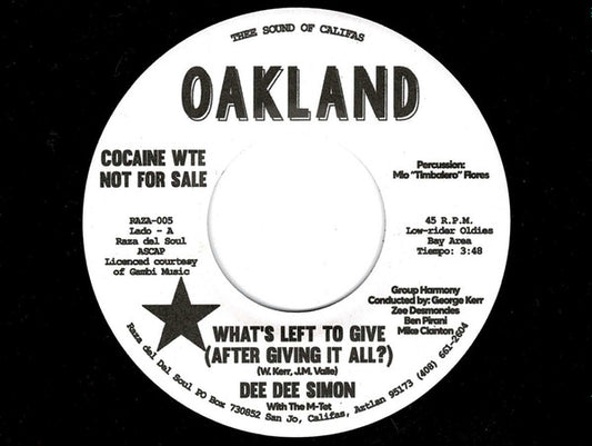 Record label with text 'Oakland' and music track details on a black background