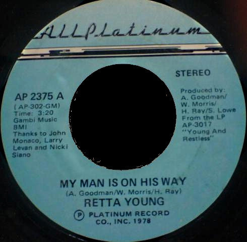 Record label for 'My Man Is On His Way' by Retta Young with text and branding details.